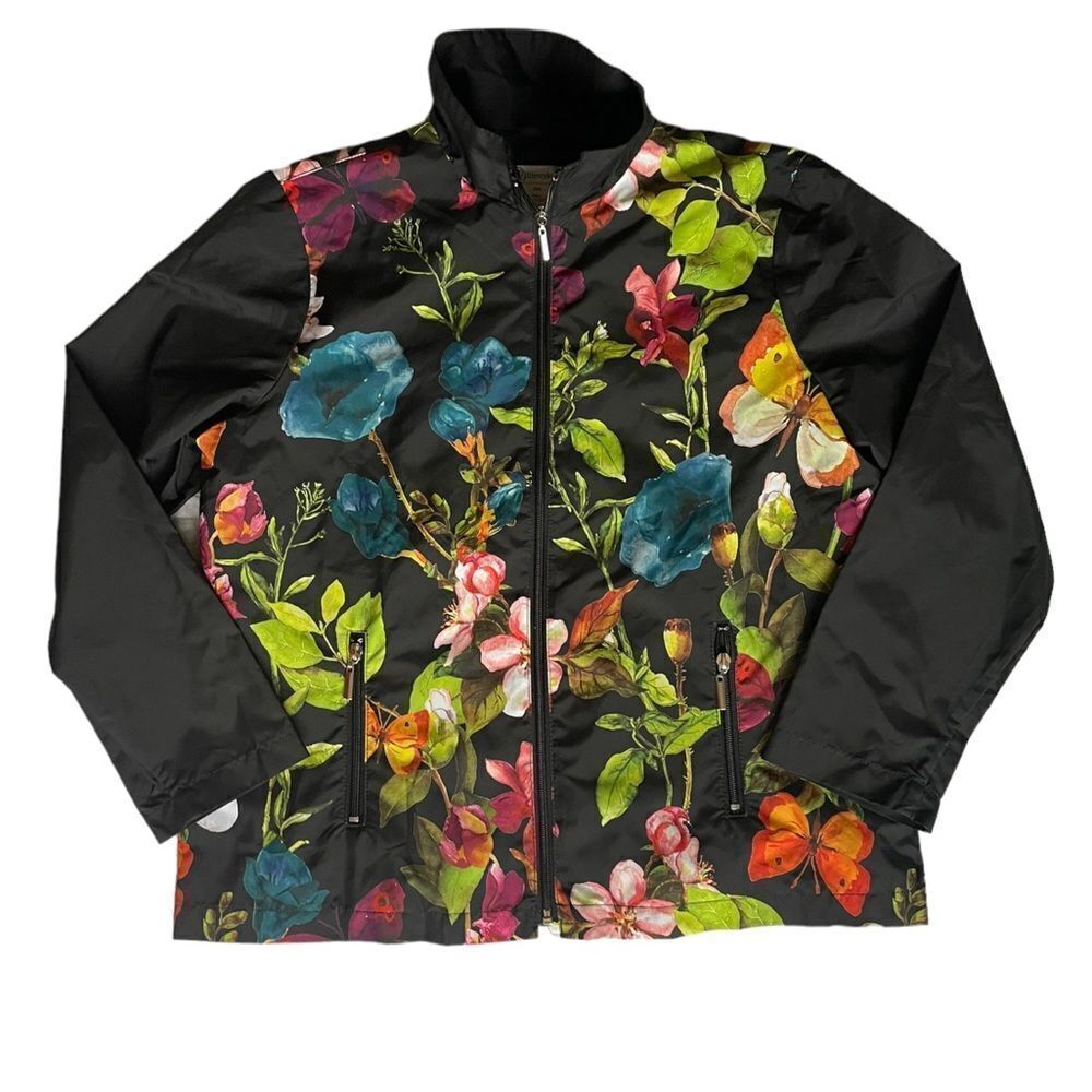DD Lifestyle Black Floral Fall Windbreaker Jacket Zip Front Long Sleeves Sz PM
